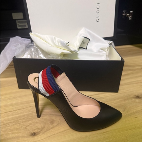 Authentic Gucci Women's black heels with leather webbing 524645 - Picture 2 of 5